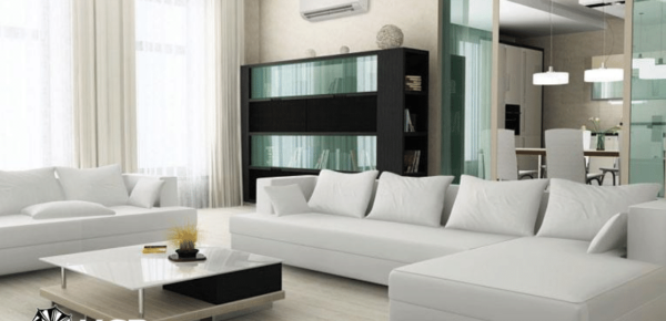 Mitsubishi ductless utility HVAC system in modern living room at home.