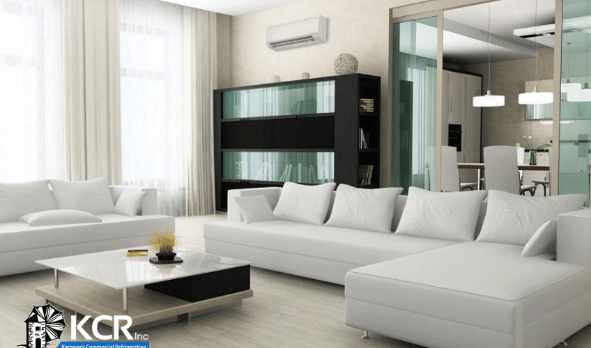 Mitsubishi ductless HVAC system in modern living room at home.